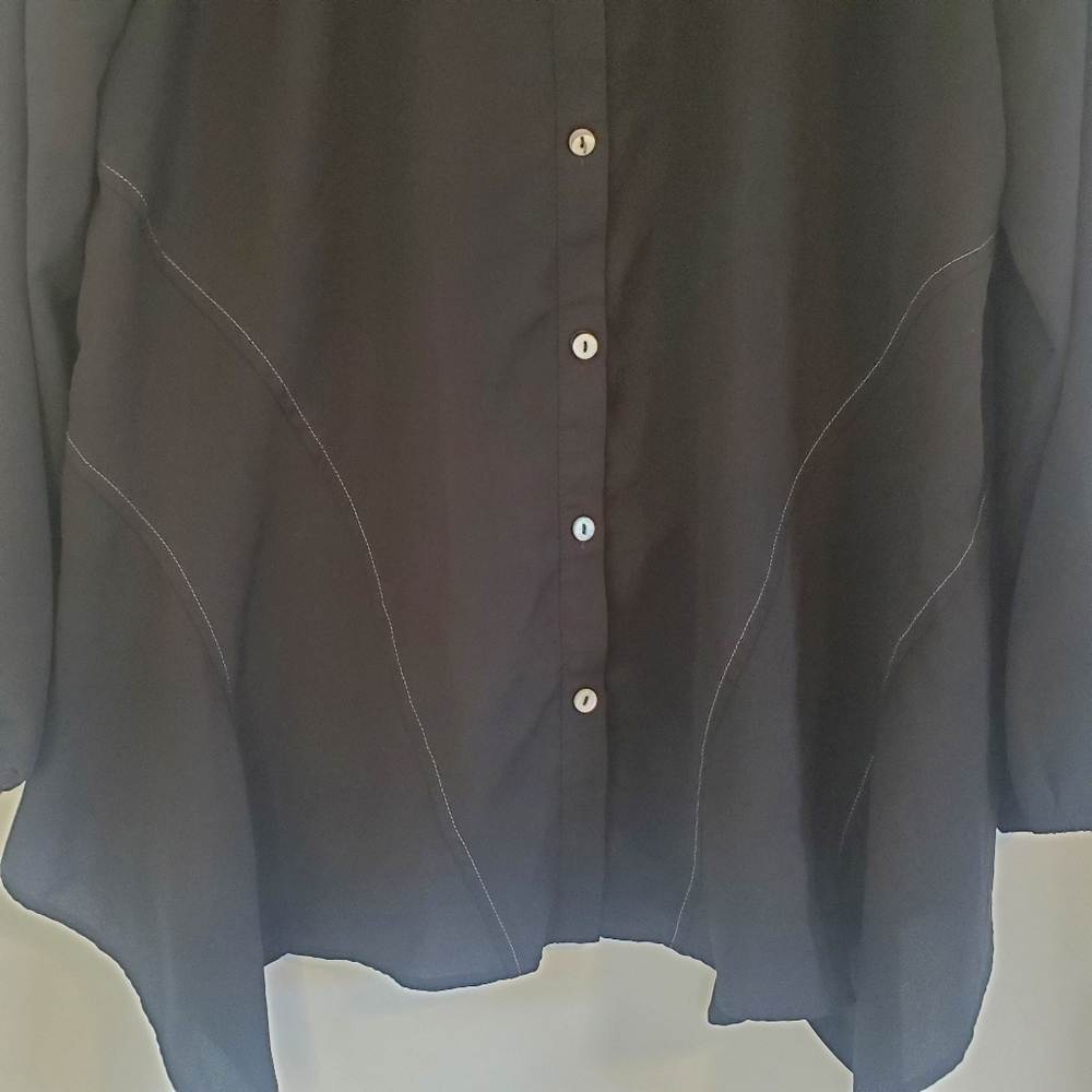 LOGO Women's Size L black lagonlook button front asymmetrical blouse - Picture 8 of 10